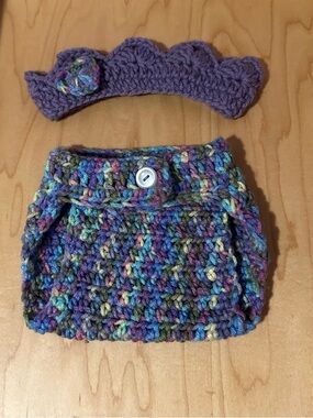 Handmade Purple Multicolor Crochet Baby Diaper Cover & Headband Set